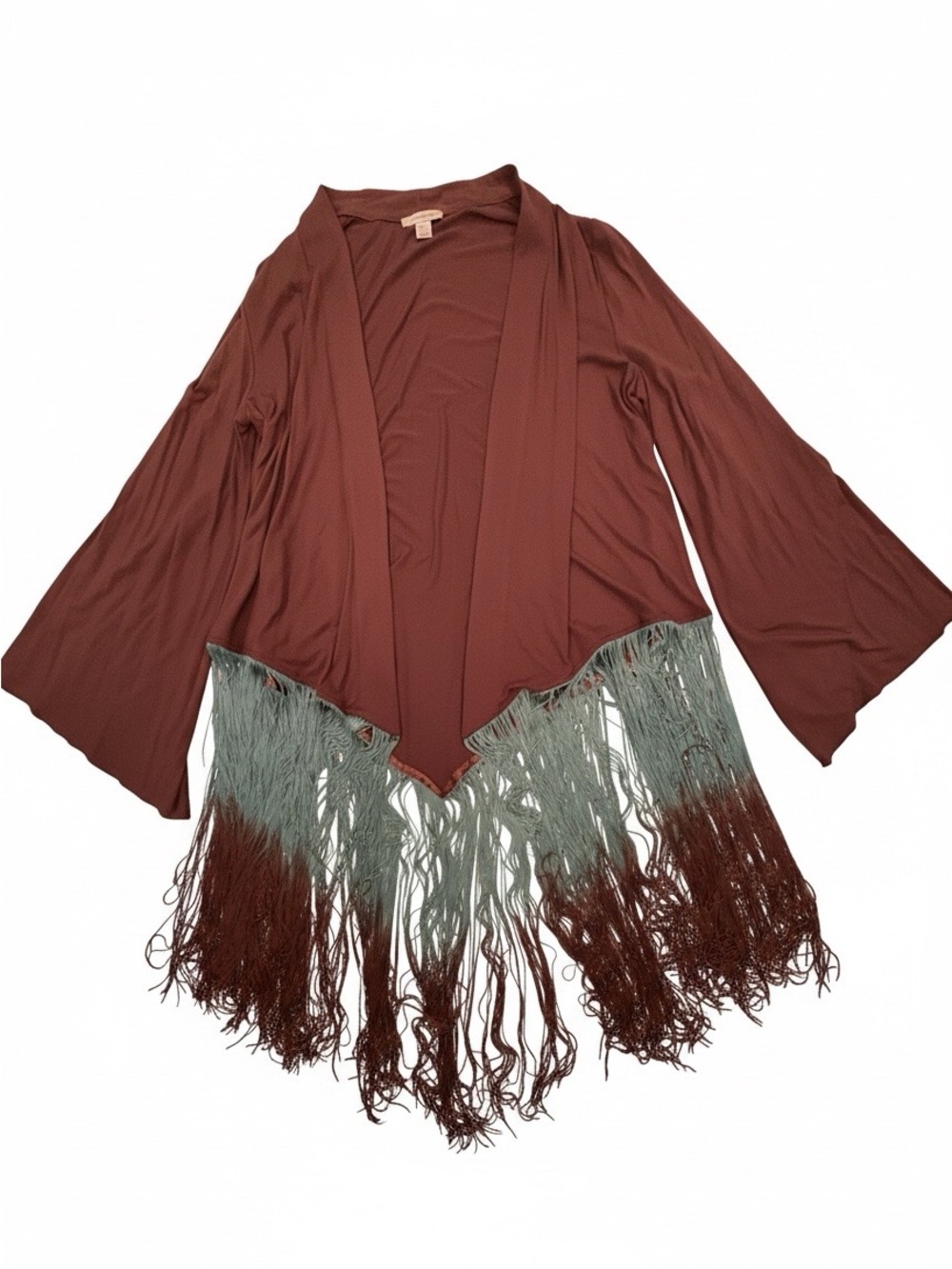 Boston Proper Brown Kimono Cape with Teal Fringe -Large-western-boho-prarie - Picture 2 of 11